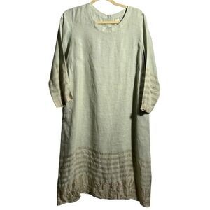 EKA Green Linen Striped Maxi Dress Lagenlook‎ Indian Designer OS Earthy Ethical